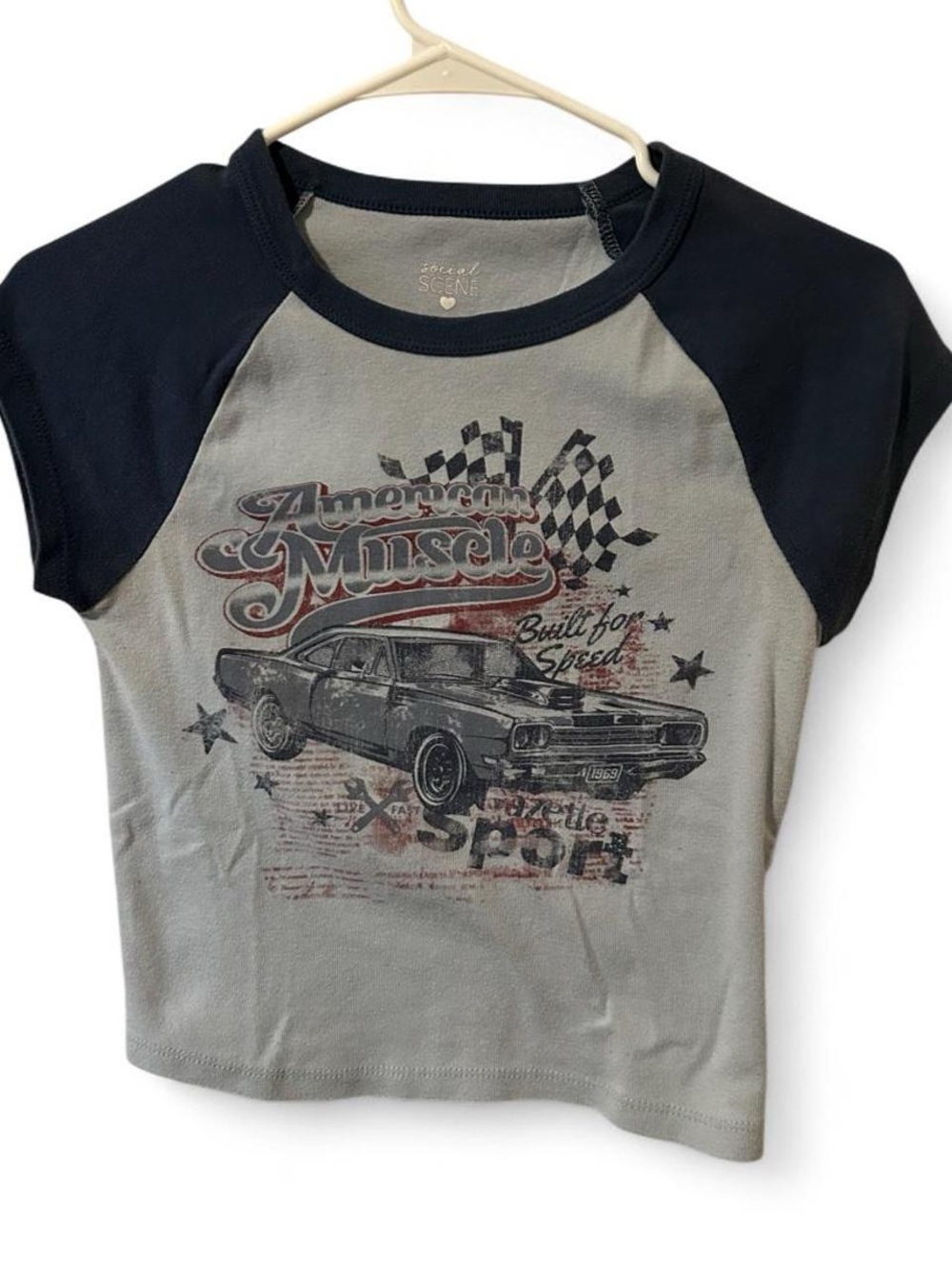 Americana Navy Blue & Light blue Muscle Car XS Baby Tee